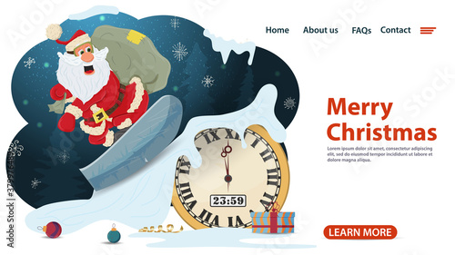 banner for Christmas and new year design of web pages mobile applications Santa Claus with a bag of gifts on a snowboard springboard clock flat vector illustration