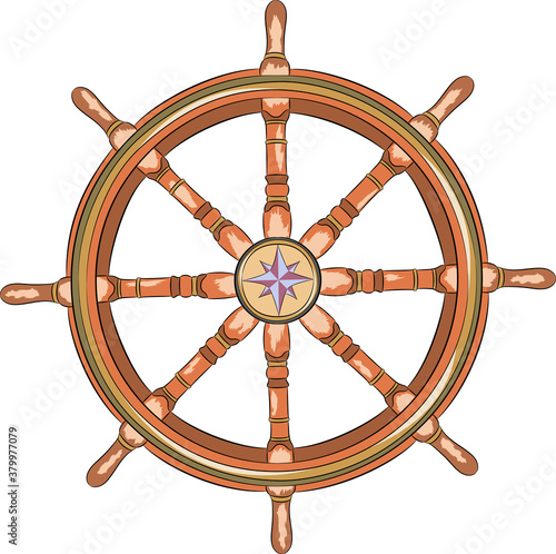 Wooden nautical steering wheel with a drawing of a wind rose.