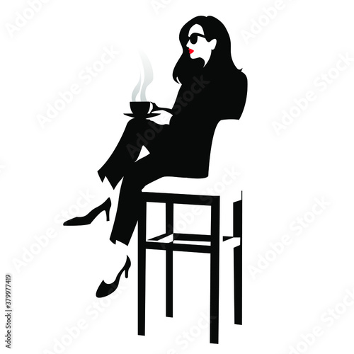 A girl sits on a high chair with a cup of hot tea or coffee in her hands. Silhouette of a woman who sits in a cafe and enjoys a delicious drink. Stock vector illustration