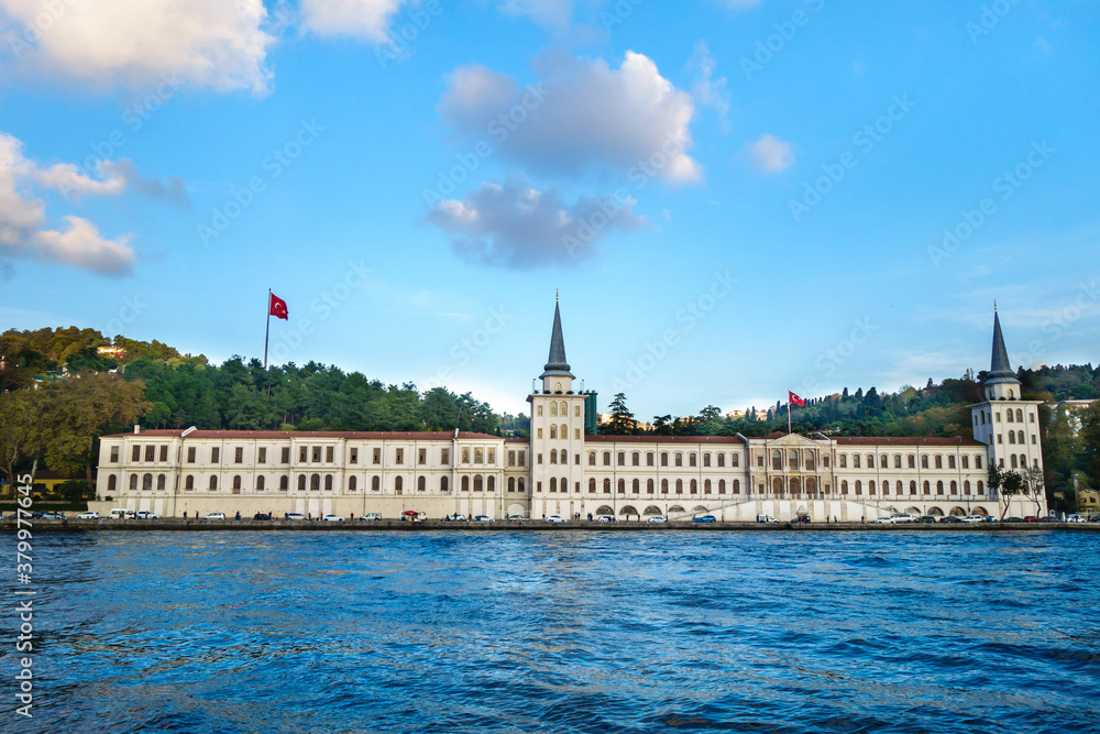 Facade of historical  military high school Kuleli Sahil, Istanbul, Turkey, as it looks from Bosphorus strait. It was founded in 1845 by Ottoman Sultan Abdulmecid I