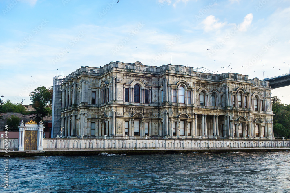 Facade of Beylerbeyi Palace, Istanbul, Turkey, as it looks from Bosphorus strait. It was built it 1860s as Ottoman Sultan's summer residence