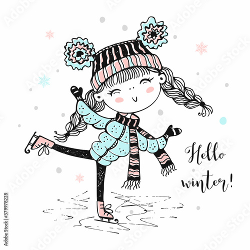 Cute girl in a knitted hat skating. Hello winter. Vector