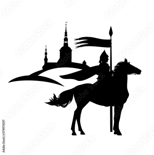 knight guard with spear riding horse with ancient city in the background - medieval fantasy hero black and white vector silhouette