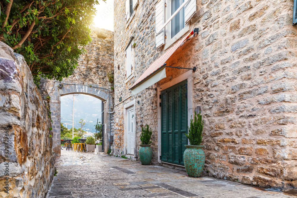 Traditional adriatic street in the Old Town Of Budva, Montenegro