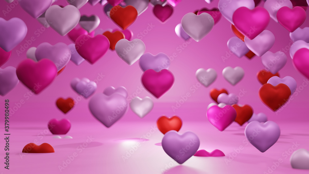 Mixed sweet hearts are falling to pink water (3D Rendering)