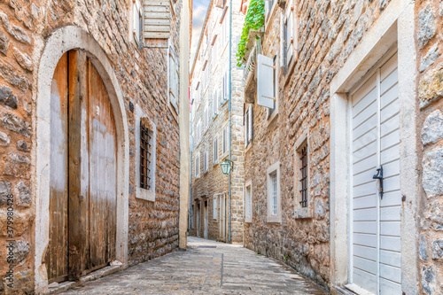 Empty narrow street of Budva Old Town, Montenegro, no people