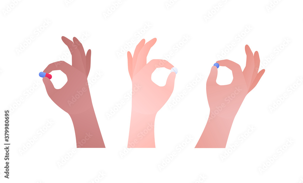 Obraz premium Healthcare medication and vitamin concept. Vector flat modern illustration set. Human hands of different skin color hold capsule pill by finger. Design element for medical banner, web, infographic.