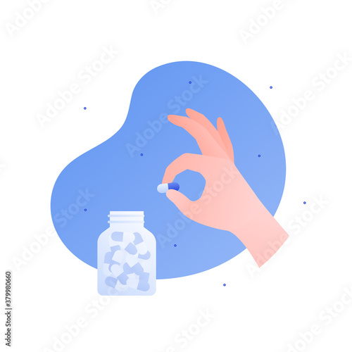 Healthcare medication and vitamin concept. Vector flat modern illustration. Human hand holding capsule pill and bottle of meds. Design element for medical banner, poster, web, infographic.