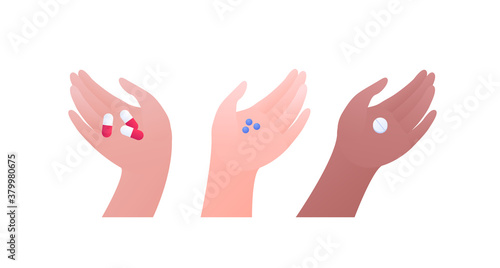 Healthcare medication and vitamin concept. Vector flat modern illustration set. Human hands of different skin color holding capsule pill. Design element for medical banner, web, infographic.