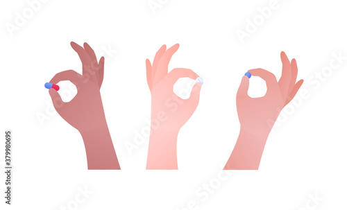 Healthcare medication and vitamin concept. Vector flat modern illustration set. Human hands of different skin color hold capsule pill by finger. Design element for medical banner, web, infographic.