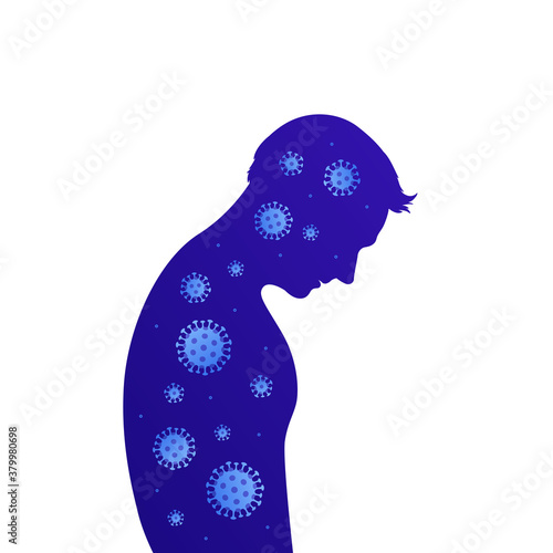 Virus epidemic concept. Vector modern flat illustration. Human character silhouette with virus sign. Coronavirus, flu and cold symbol. Design element for medicine banner, infographic, web, poster.