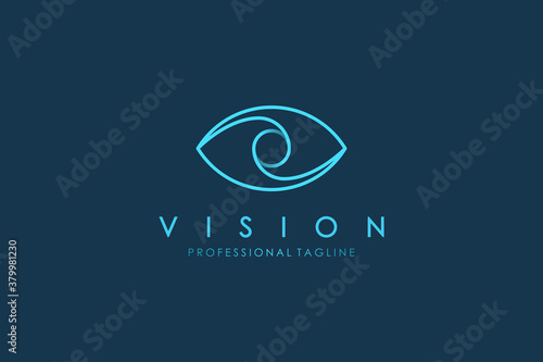 Abstract Eye Vision Logo. Blue Line Geometric Shape Infinity with Circle Eyeball inside isolated on Blue Background. Use for Business and Technology Logos. Flat Vector Logo Design Template Element