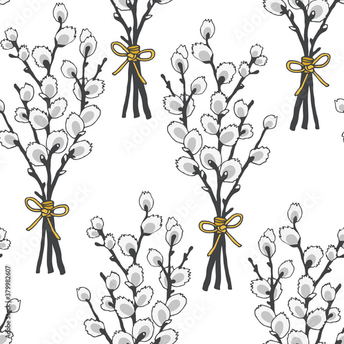 Willow branch hand drawn seamless pattern, vector line sketch illustration isolated on white background