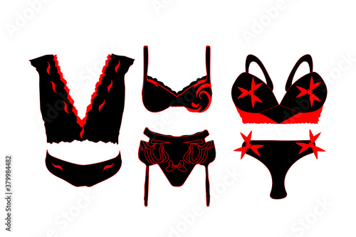 set of female underwear red black isolated icons vector