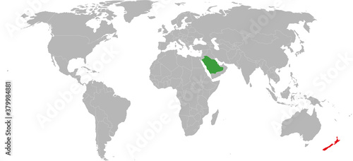 New Zealand  Saudi Arabia countries isolated on world map. Gray background. Business concepts and Travel backgrounds.
