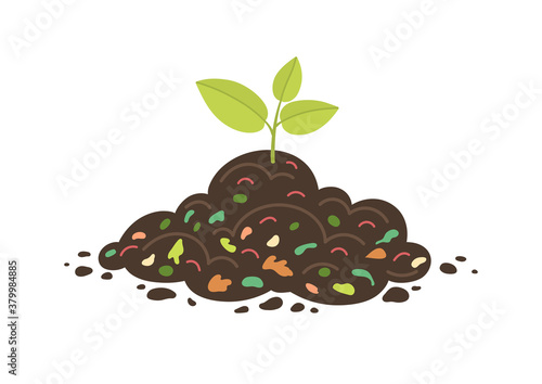Green sprout growth from soil with worms and compost. Youn plant. Recycling, ecology and agriculture illustration. 