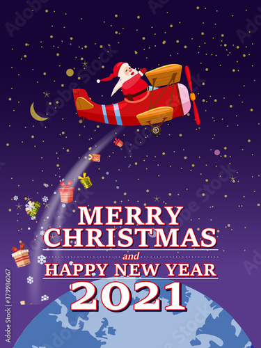 Santa Claus Van with text Merry Christmas and Happy New Year 2021 flying in plane retro delivering shipping gifts. Vector illustration isolated cartoon style greeting card poster banner