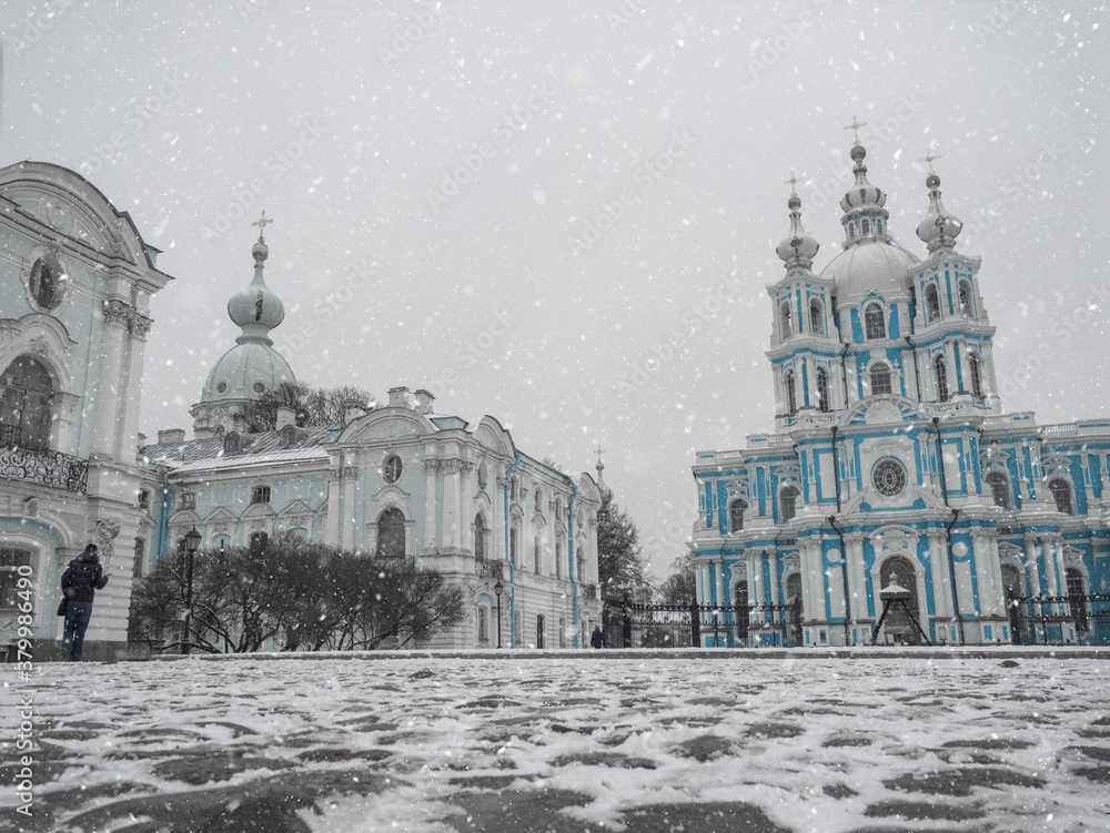 Winter landscape with the Smolny Cathedral in St. Petersburg. Russia