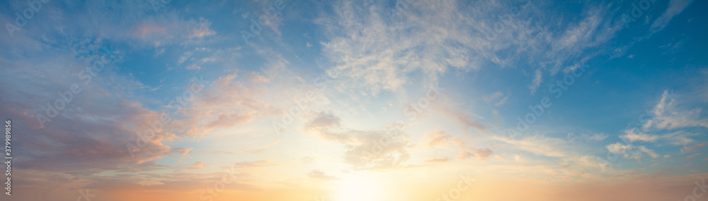 Dawn. Beautiful morning sun and sky with clouds, landscape panorama skyline background
