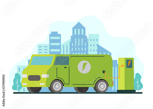 Eco car charging station.Electric van refueling .Green energy.City skyline with skyscrapers.Flat vector illustration.