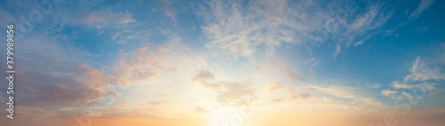 Dawn. Beautiful morning sun and sky with clouds, landscape panorama skyline background © millaf