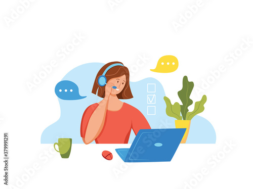 Call center operator vector illustration. Customer online support manager woman working in headphones © Olga