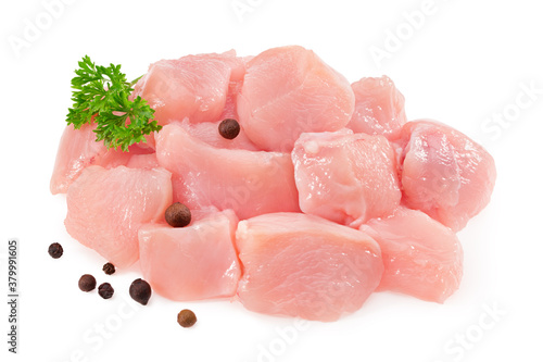 Raw chicken fillet with parsley and peppercorns isolated on white background