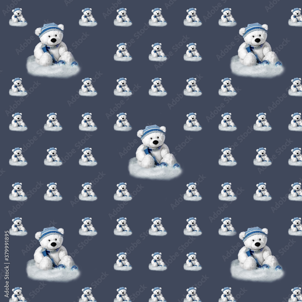 Pattern. White bear toy in a headdress on a dark blue background.