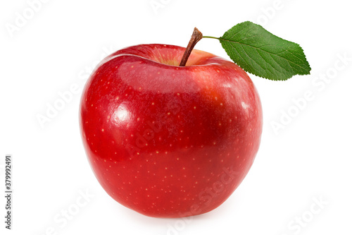 red apples with green leaves isolated on a white background