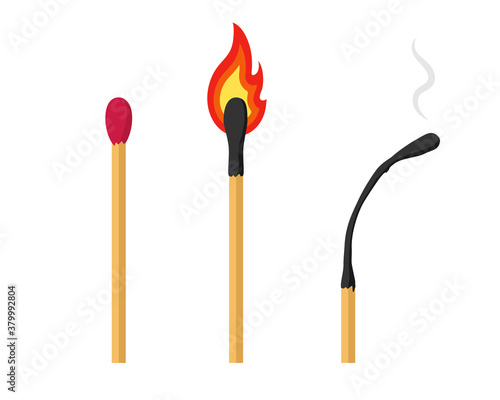 Unlit, Burning and Burnt Match. Set of matchsticks isolated on a white background. Vector illustration.
