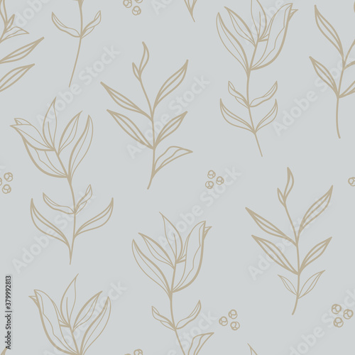 Vector Peony Leaves Line Art on Dusty Blue seamless pattern background.