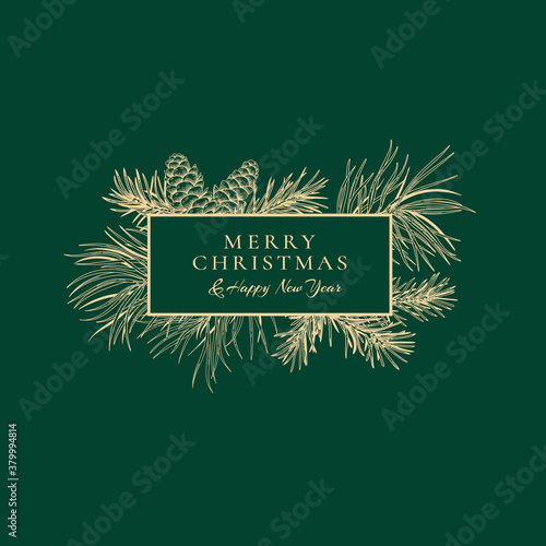 Christmas abstract card with fir and pine branches and cones. Botanical illustration with with coniferous. Vector winter card. Green background and golden greeting.