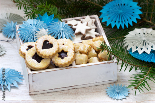 Cookies on the background of a festive decoration. Rustic style. photo