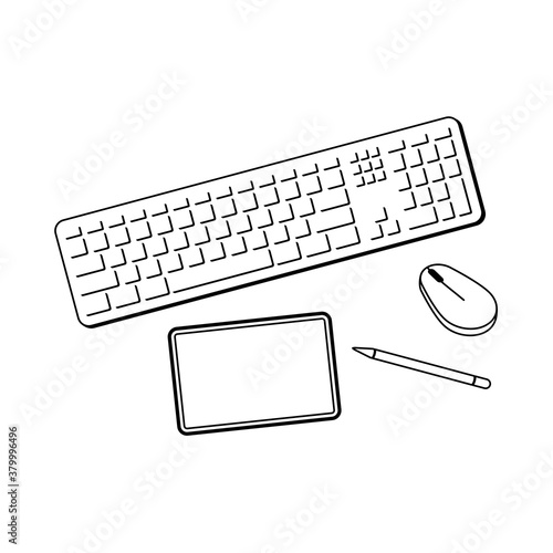 A creative persons desk with multiple devices like tablet, mouse, keyboard in vector