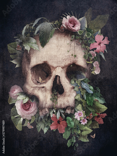 Skull with plants on black background on vintage style