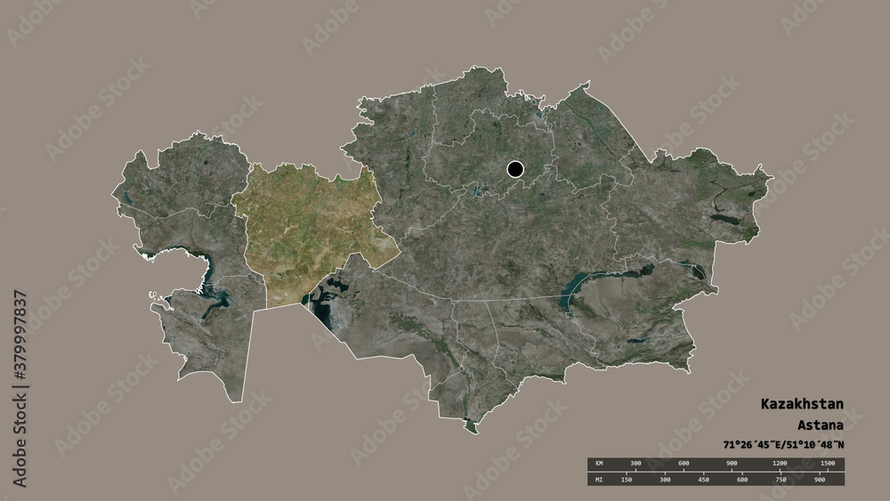 Location of Aqtobe, region of Kazakhstan,. Satellite