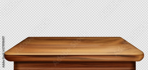 Wooden table foreground, vintage tabletop front view, old brown rustic countertop of wood surface. Retro dining desk or plank texture isolated on transparent background, realistic 3d vector mock up