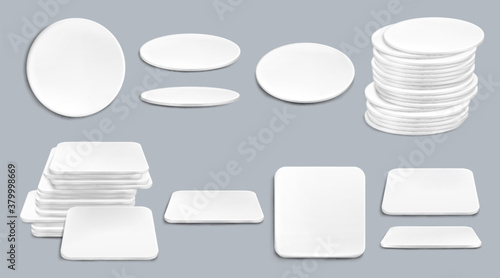White beer coasters in top and different angles view. Vector realistic mockup of blank cardboard mat for mug or cup. Circle and square beermat, bierdeckel isolated on white background