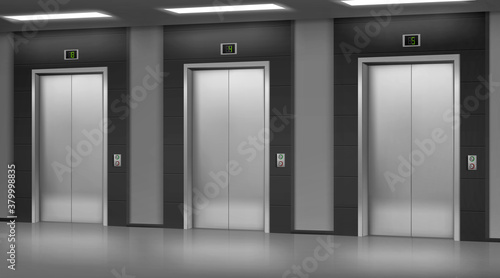 Silwer steel elevator with closed doors in hallway. Vector realistic empty modern office or hotel lobby interior with luxury lift, panel with buttons and floor display on wall photo