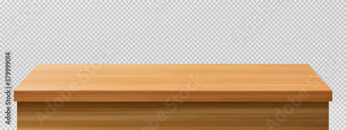 Wooden table foreground, tabletop front view, brown rustic countertop of wood surface. Retro dining desk or plank texture isolated on transparent background, realistic 3d vector mock up photo