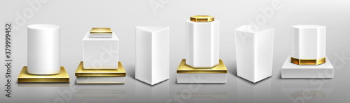 White pedestals or podiums with golden base and protruding parts, abstract geometric empty museum stages, exhibit displays. Gallery platform, geometric blank product stands, Realistic 3d vector set