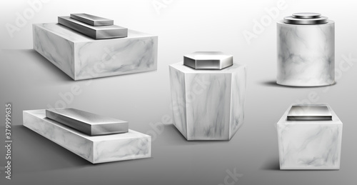 Marble pedestals with metal platform on top for display product, exhibit or trophy. Vector realistic set of empty steel podiums on stone base different shapes for showcase, museum or exposition