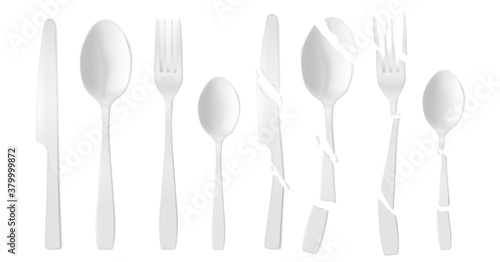 New and broken plastic cutlery isolated on white background. Vector realistic set of cracked white flatware, disposable plastic fork, spoon and knife. Shattered tableware