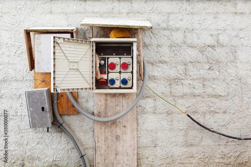 Temporary Carpenters electrical box on building site photo