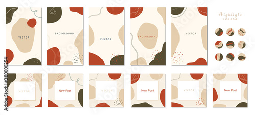 Set of editable vector story and post templates and highlights covers. Abstract retro, worm  colors backgrounds. Trendy design for social media marketing. Social media kit.