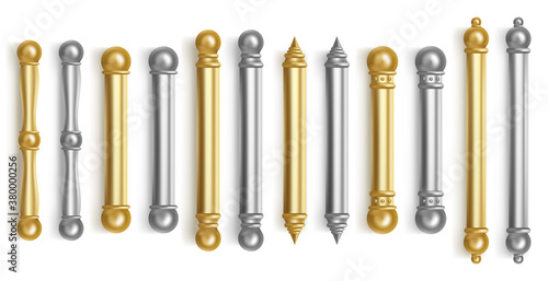 Baroque gold door handles for room interior in office or home. Vector realistic set of vintage silver golden long door pull knobs. Bar shape handles with balls isolated on white background