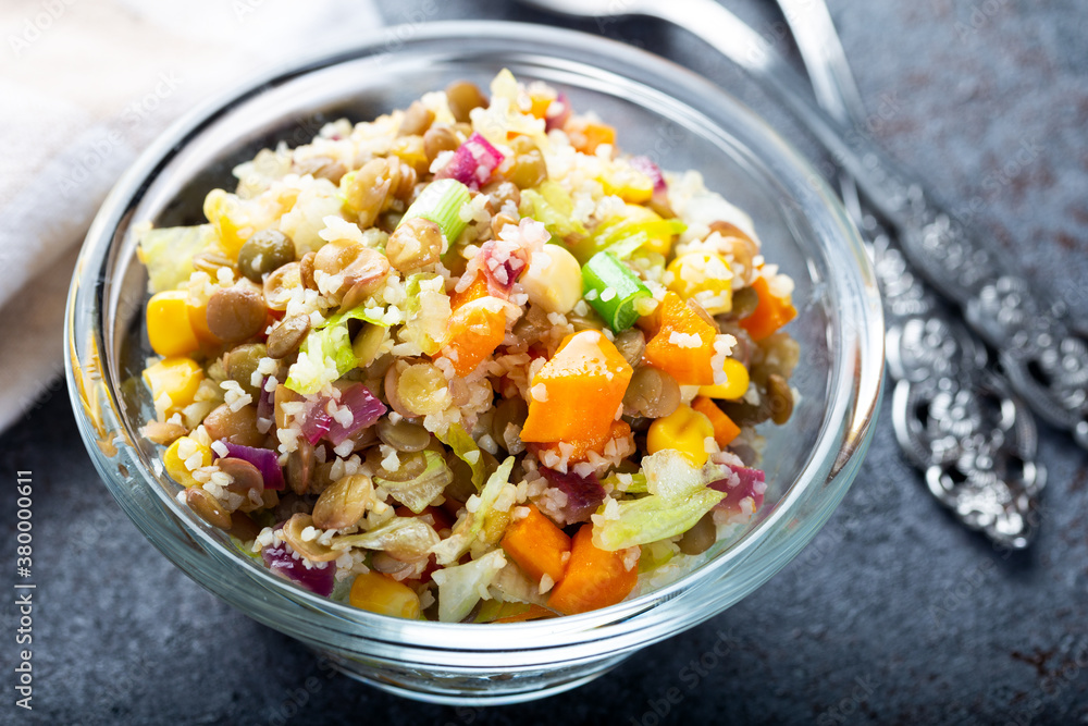 Lentil salad with veggies. Lentil salad with mix vegetables in bowl. Lentil salad with veggies. Lentil salad with mix vegetables in bowl.