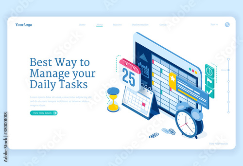 Daily tasks management banner. Software and strategies for productive planning work or education. Vector landing page with isometric clock, calendar and schedule on tablet screen photo