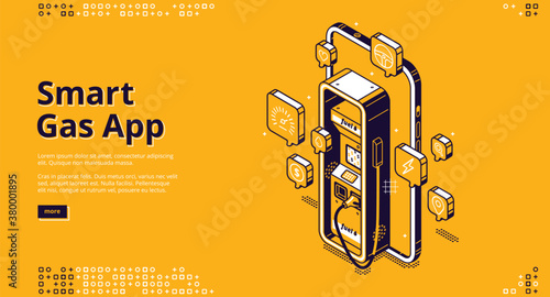 Smart gas app banner. Digital service for control of fuel in car. Vector landing page of mobile phone application for refilling automotive by petrol or gas with isometric illustration of smartphone
