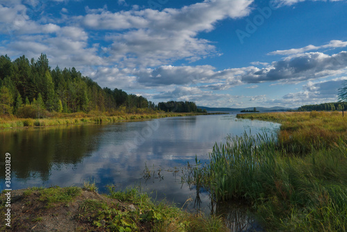 Fototapeta Naklejka Na Ścianę i Meble -  Summer landscape, forest trees are reflected in calm river water against a background of blue sky and white clouds.